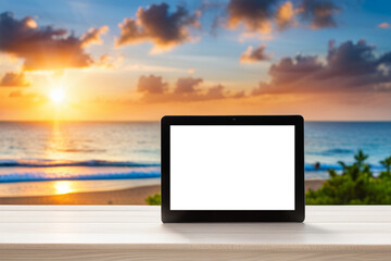 Tablet computer on the beach with sunset sea on the background mockup