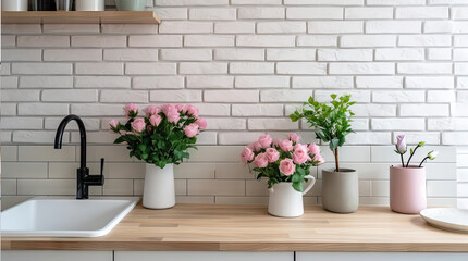 Fototapeta na wymiar Closeup of kitchen interior. White brick wall, metro tiles, wooden countertops with kitchen utensils. Roses flowers in black sink. Modern scandinavian design. Home staging, cleaning concept.