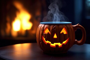 Halloween coffee,pumpkin cup with a hot drink and steam on a black scary background, a festive banner for a cafe with a copy space. Generative Ai.