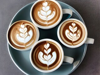 cup of coffee with chocolate and black Latte art on cups, four cups of coffee, heart Latte, silver...