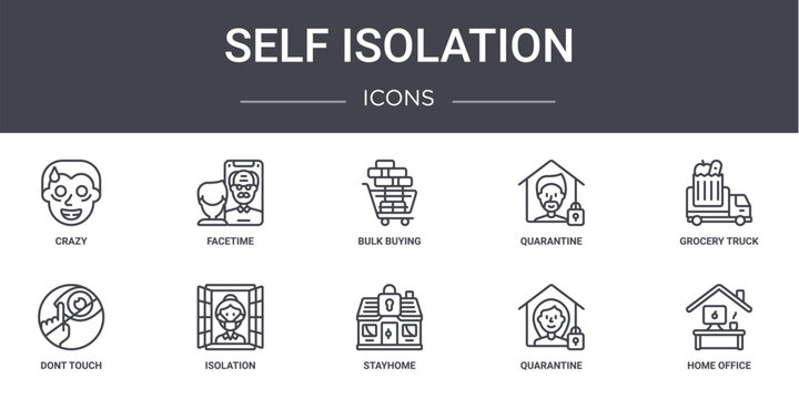 Self Isolation Concept Line Icons Set. Contains Icons Usable For Web, Logo, Ui/ux Such As Facetime, Quarantine, Dont Touch, Stayhome, Quarantine, Home Office, Grocery Truck, Bulk Buying