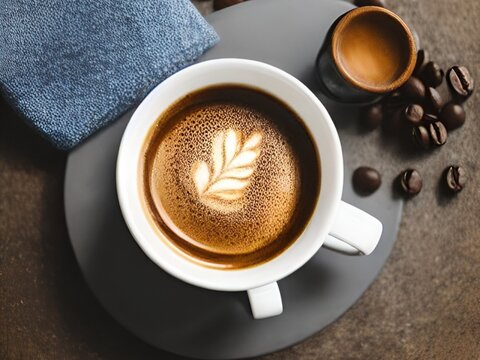 cup of latte art sits on a grey table