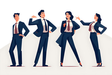 Obraz premium A group of four businessmen in business suits of varying sizes, in an illustration style inspired by graphic design, poses, male and female empowerment. generative ai