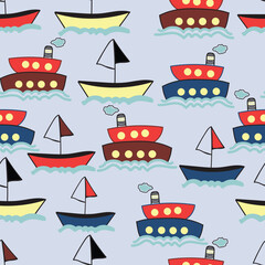 Exquisite nautical seamless surface pattern of whimsical hand drawn steamboats and sailboats. Doodle vessels textured background