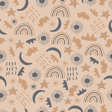 Exquisite childish seamless surface pattern design. Allover printed whimsical arrangement of hand drawn rainbows, suns and stars