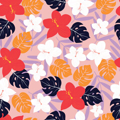 Floral seamless pattern. Exquisite allover print foliage background. Whimsical arrangement of monstera leaves and hibiscus flowers © KaziAnatul
