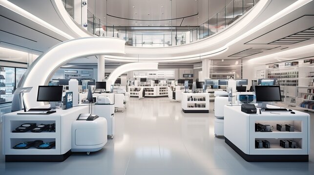 An image of a minimalist, modern computer and tech devices store, designed with white tones. Generative AI.