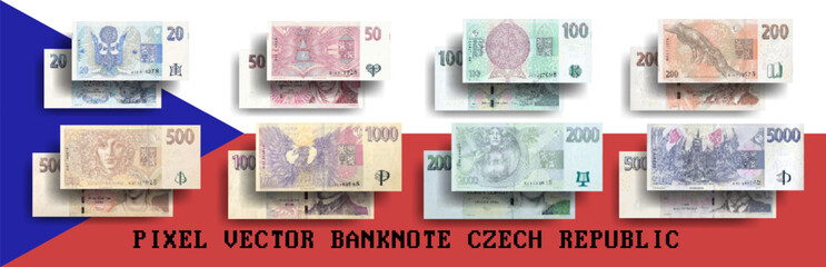 Vector set of pixelated mosaic banknotes of the Czech Republic. Bills in denominations of 20, 50, 100, 200, 500, 1000, 2000 and 5000 CZK. Flyers or play money.