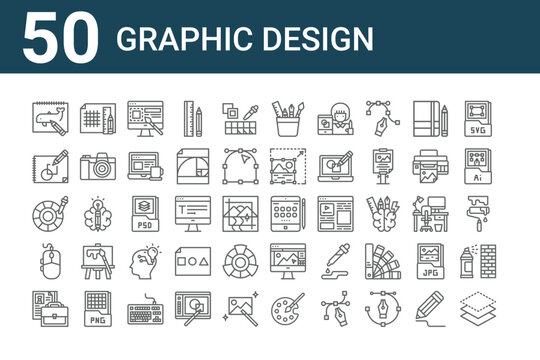 set of 50 graphic design icons. outline thin line icons such as layer, portfolio, mouse, color picker, sketchup, grid lines, ipad tablet