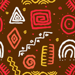 African geometric print. African pattern. Abstract african art style seamless pattern. Hand drawn tribal decoration background with boho doodle shapes and ethnic symbols. 