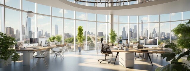 An image of a modern office with collaborative workspaces, green spaces, and a stunning panoramic view of the city. Generative AI.