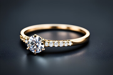 Golden ring with one big diamond and many small diamonds on dark background