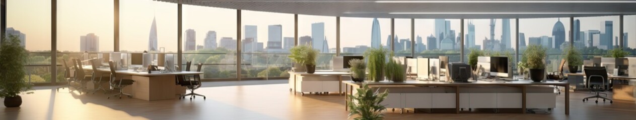 An image of a modern office with collaborative workspaces, green spaces, and a stunning panoramic view of the city. Generative AI.