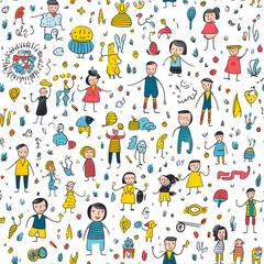 Fototapeta premium Seamless pattern with child pencil drawing cute cartoon and family drawing. Generative AI