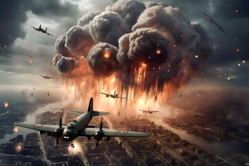 Obraz premium war planes shot each other and exploded in the sky in the world war II