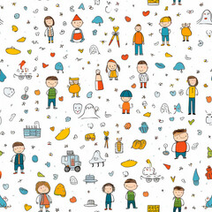 Seamless pattern with child pencil drawing cute cartoon and family drawing. Generative AI