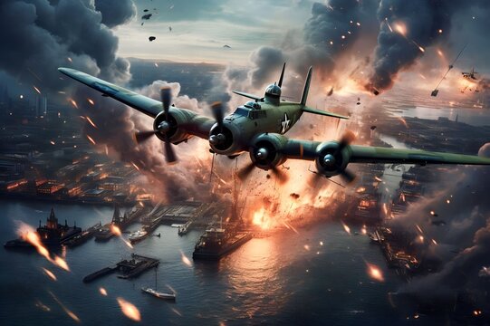 war planes shot each other and exploded in the sky in the world war II