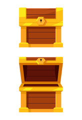 Open and close the mystery wooden chest. Treasure on white background. Random a secret loot box concept. Vector illustration cartoon flat design.
