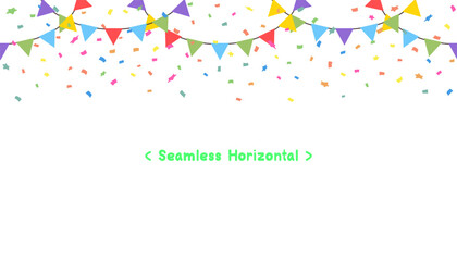 Seamless Horizontal Celebrate Colorful flag garlands with confetti party isolated on white background. Birthday, Christmas, anniversary, and festival concepts. Vector illustration flat cartoon design.