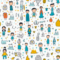 Seamless pattern with child pencil drawing cute cartoon and family drawing. Generative AI
