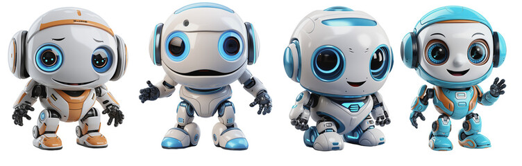collection of little cute mini robots on a transparent background, Generative AI