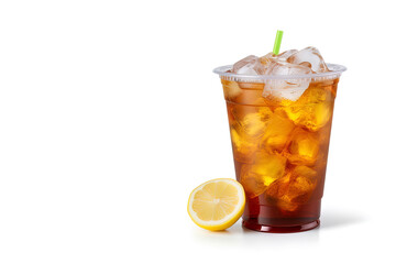 Iced lemon tea on plastic take-away glass isolated on white background with copy space