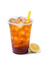 Iced lemon tea on plastic take-away glass isolated on white background