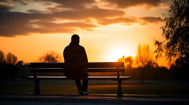 Silhouette portrait of a lonely anonymous man sitting on a bench watching the dark sky and sunset. AI generative image
