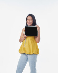Woman holding tablet with blank screen