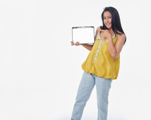 Woman holding tablet with blank screen