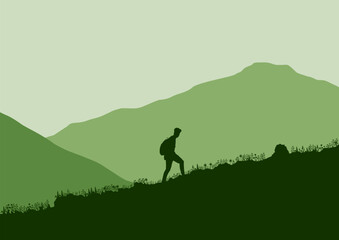 Beautiful landscape in mountains with person. Vector illustration in flat style.