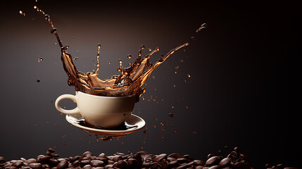 Generative AI image of a cup brimming with aromatic coffee, adorned with mesmerizing splashes of swirling brown, accompanied by scattered coffee beans, the essence of a caffeine-infused delight.