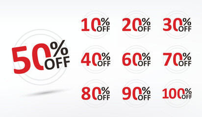 Sale and discount labels. Price off tag icon flat design collection set. 10%, 20%, 30%, 40%, 50%, 60%, 70%, 80%, 90%, 100%,