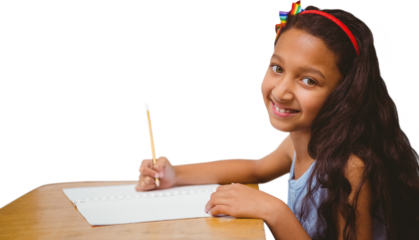 Digital png photo of schoolgirl writing on transparent background
