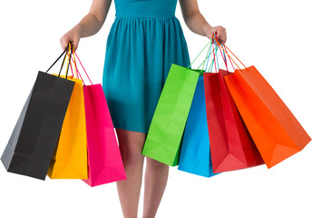 Digital png photo of midsection of caucasian woman with present bags on transparent background