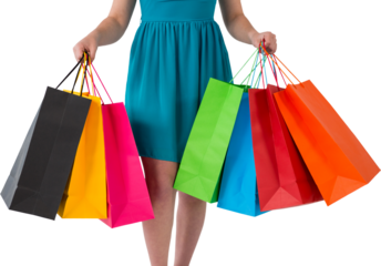 Digital png photo of midsection of caucasian woman with present bags on transparent background