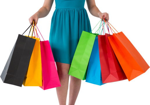 Digital png photo of midsection of caucasian woman with present bags on transparent background