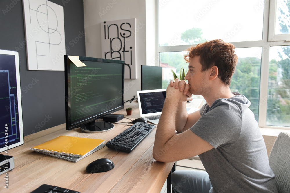 Sticker Male programmer working with computer at table in office