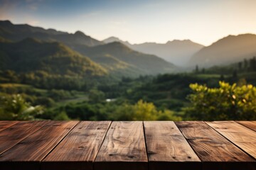 Wooden table in front of blurred rice field with bokeh background, Generative AI
