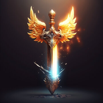 Fantasy Sword Golden Wings Angel Digital Illustration