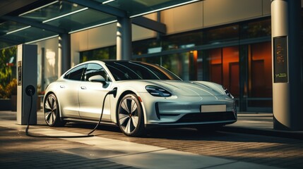 Fototapeta na wymiar Electric car charging at a charging station in an urban environment, Generative AI