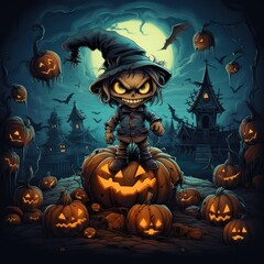 Fototapeta premium Jack O’ Lanterns pumpkins glowing at spooky mysterious Halloween night. Scary creepy nightmare Halloween concept design. 3D illustration. Generative Ai.