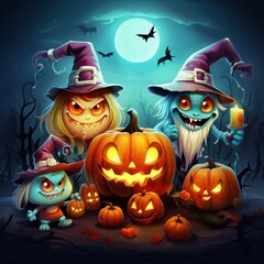 Jack O’ Lanterns pumpkins glowing at spooky mysterious Halloween night. Scary creepy nightmare Halloween concept design. 3D illustration. Generative Ai.