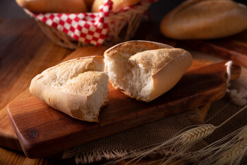 Bread Roll called Bolillo. Traditional mexican bakery. White bread commonly used to accompany food and to prepare Mexican sandwiches called Tortas.