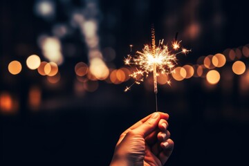 Burning sparkler in female hand on bokeh background., Generative AI