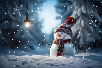 Obraz premium Snowman in the winter forest with lanterns. Christmas background, Generative AI