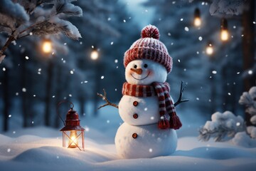 Snowman in the winter forest with lanterns. Christmas background, Generative AI