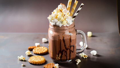 Chocolate milkshake with ice cream and with whipped cream, marshmallow, sweet popcorn, cookies,...