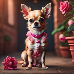 chihuahua puppy with pink ribbon - obrazy, fototapety, plakaty