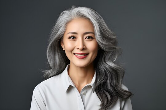 Happy smiling stylish charming confident mature Asian professional woman standing looking at camera on gray background. 